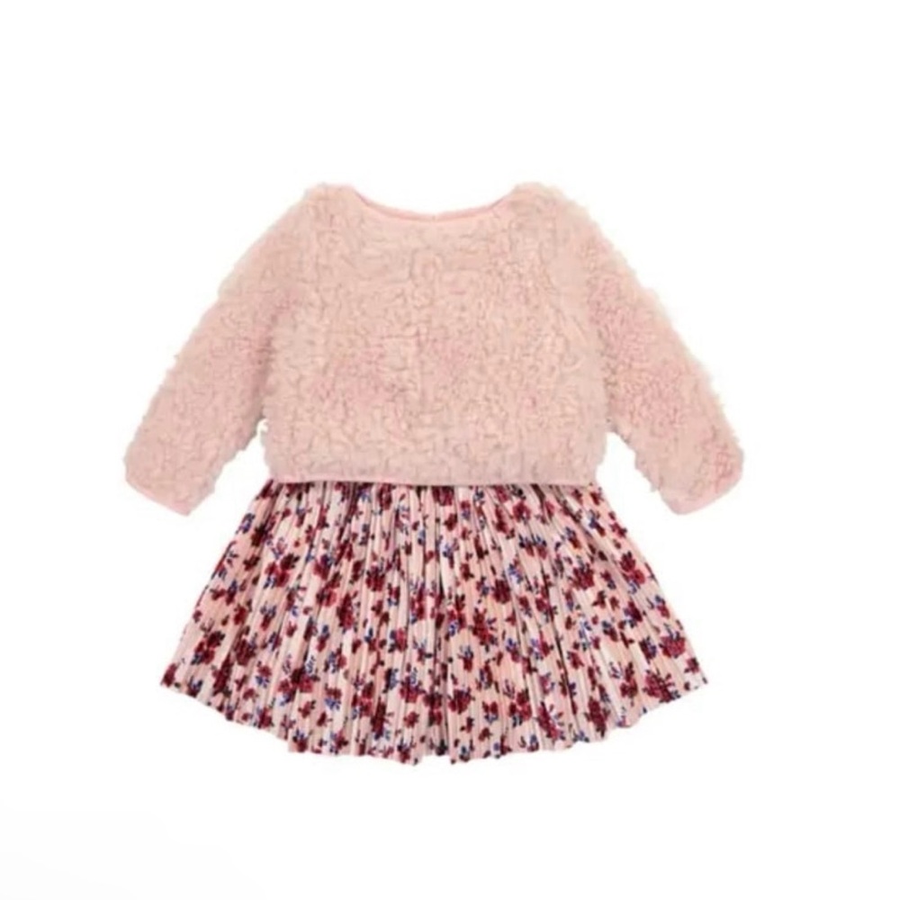 Pastourelle by Pippa & Julie Floral Pleated Faux Teddy Fur Twofer Dress - 12M
